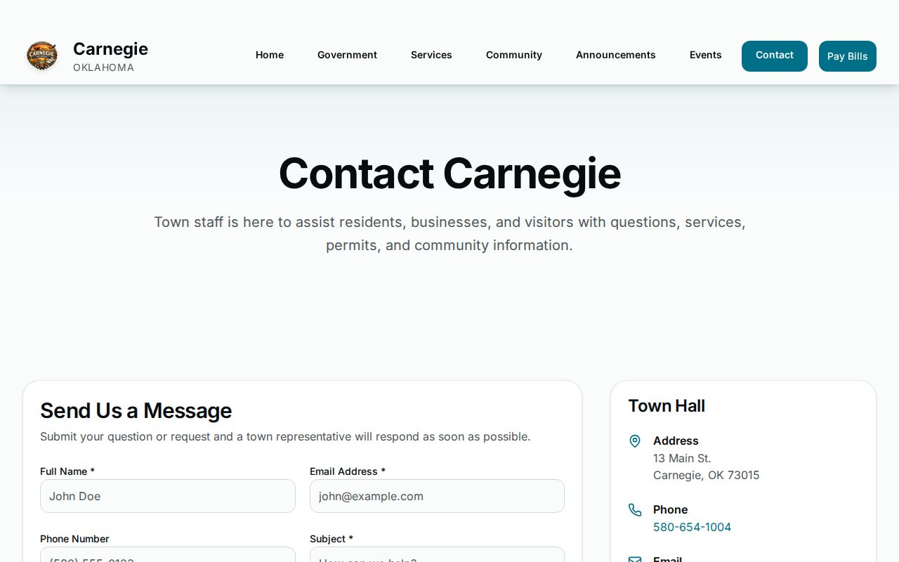 Caddo County Carnegie arrest-record requests on the official town contact page