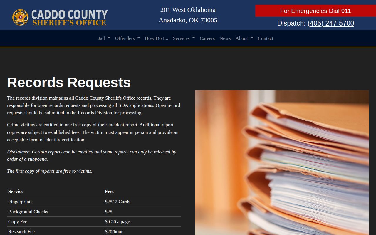Caddo County booking record request information on the official sheriff records page