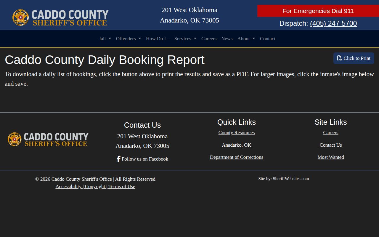 Caddo County official daily booking report for recent booking records