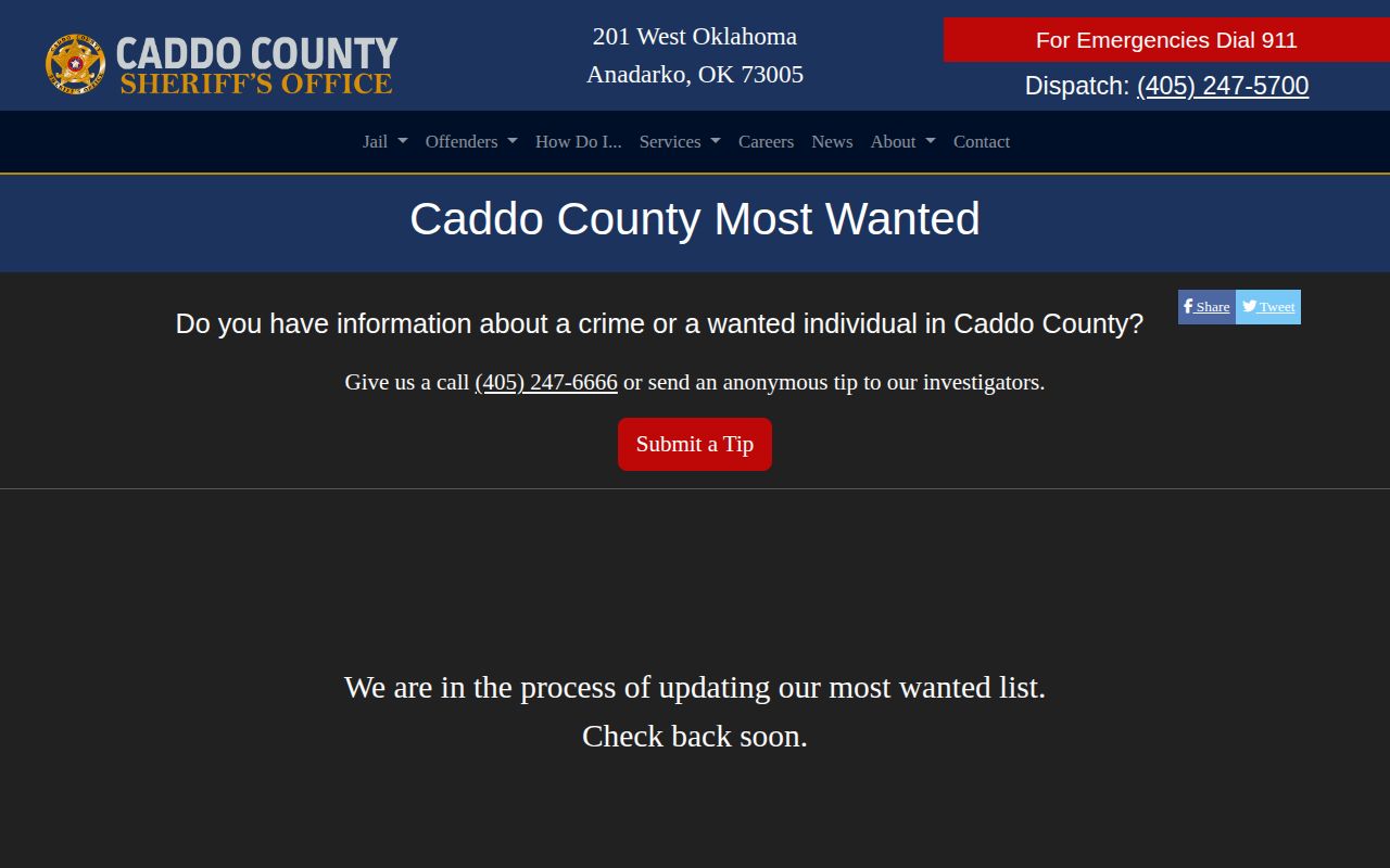Caddo County Sheriff official most wanted warrant-list page
